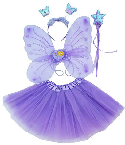 Fun Play Feen kostüm kinder für Mädchen - Schmetterlingsflügel kinder Tutu Zauberstab und Haarreifen - Schmetterlingsverkleidungen - Engelsflügel für Mädchen 3-8 Jahre alt -Farbe Violet