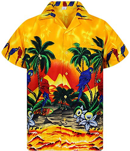 V.H.O. Funky Hawaii-Hemd, Herren, Kurzarm, Parrot, Gelb, 3XL