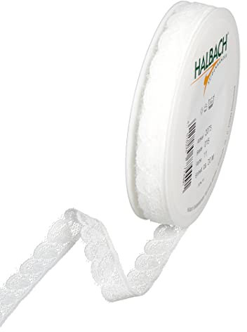 Halbach Seidenbänder Herzen Spitzenband Weiß 15 mm x 20 m, Spitze als Meterware auf Rolle als Schleifenband für Hochzeiten zum Nähen oder Tischdekoration, Spitzenborte Spitzenstoff für DIY-Handwerk