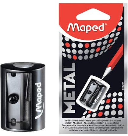 Maped Sacapuntas Metálico Satélite, Diseño Ergonómico y Compacto, 1 Orificio para Afilar, Ideal para Estuches Escolares, Material Resistente, 2 Colores Diferentes
