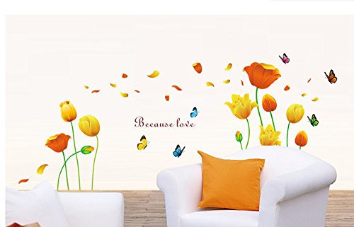 ufengke® Schöne Tulpen und Schmetterlinge Wandsticker,Wohnzimmer Schlafzimmer Entfernbare Wandtattoos Wandbilder