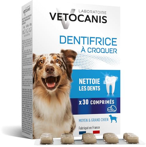VETOCANIS Dentifrice à croquer au Fluor PLAK FIGHTER pour chien 30 comprimés, Arôme Poulet Rôti