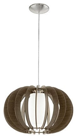 EGLO Pendelleuchte Stellato 3, 1 flammige Hängelampe Vintage, Hängeleuchte aus Stahl, Holz und Glas in Nickel-Matt, Braun, Weiß, Esstischlampe, Wohnzimmerlampe hängend mit E27 Fassung, Ø 40 cm