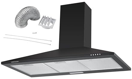 Cookology CH900BK/A 90cm Chimney Cooker Hood Extractor Fan 900mm with DK1M150 Ducting Kit, Energy Rated A, 3 Speed, Kitchen Wall Mounted Range Hood, Adjustable Height, External Ventilation - Black