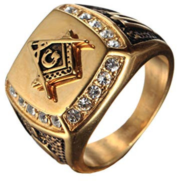 OAKKY Herren Edelstahl Masonic Freimaurer Ring mit Diamanten Biker Symbol Mitglied Band, Gold Schwarz Größe 60 (19.1)