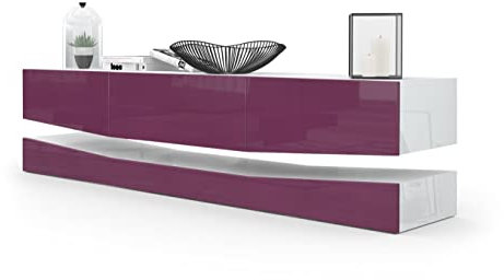 Vladon Lowboard City, Made in Germany, TV-Kommode mit Sockelelement, 1 offenem Fach und 3 Schubkästen, Weiß Hochglanz/Brombeer Hochglanz (178 x variabel x 39 cm)