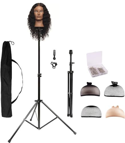 HYOUJIN Wig Stand Metal Adjustable Cosmetology Hairdressing Training Mannequin Head Tripod Stand for Canvas Block Wig Head Stand with Carry Bag