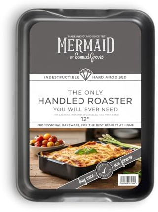 Mermaid 12 Hard Anodised Roasting Dish with Integral Handles – UK Made Professional Naturally Non-Stick Oven Pan for Meat, Vegetables & Sunday Dinners (32cm x 22cm)