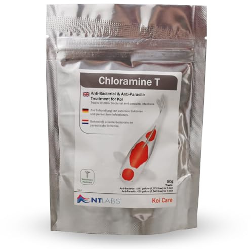 NT Labs Koi Care Chloramine T Treatment Powder (50g) | Powder formula targets external parasites and white spot symptoms to clear up skin or gill issues in koi ponds.