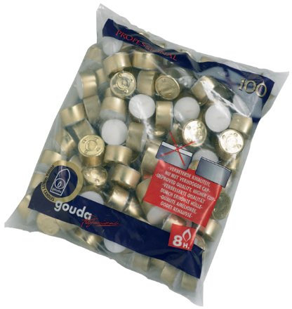 100 Bolsius Long Burn 8 Hour Tea Lights, Gold Cup