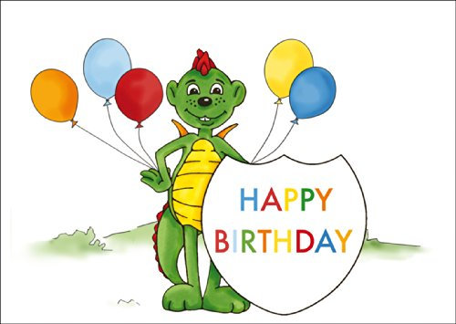 Kartenkaufrausch Geburtstags Grußkarte mit Happy Birthday für Kinder mit kleinem Drachen Dinolino und Luftballons • auch zum direkt Versand • hübsche Grusskarte zum Geburtstag mit Umschlag