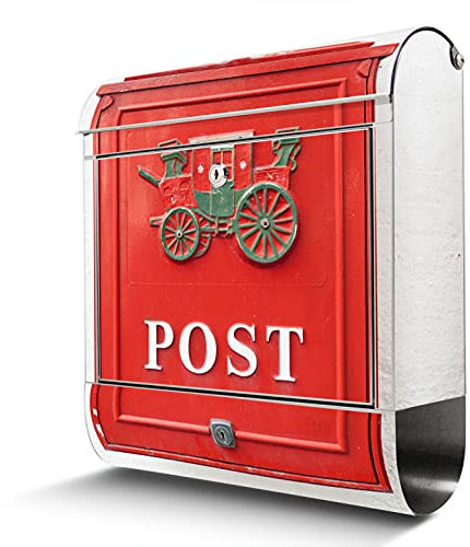 banjado® Briefkasten Edelstahl mit Motiv Postkasten Nostalgie 38x43x12cm & 2 Schlüssel - rostfreier Edelstahl Briefkasten mit Zeitungsfach - Postkasten A4 Einwurf inkl. Montagematerial