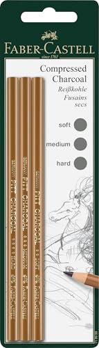 FABER-CASTELL 119999 - Kohlestifte schwarz, 3 Zeichenstifte, Reißkohlestifte Pitt soft, medium, hard