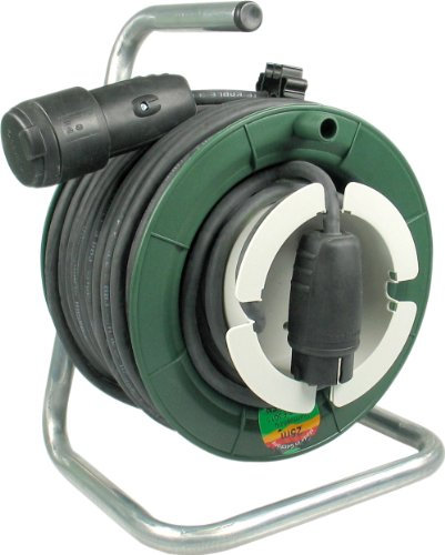 REV Ritter Gerätetrommel, kompakt, spritzwassergeschützt IP44 Außenbereich, schwarz grün, 25 m Kabellänge, Gummi-Schutzkontaktkupplung, feststehender Wickelgriff
