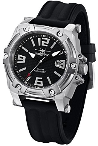FIREFOX Herren- Armbanduhr analog Automatikuhr Miyota 8215 Edelstahl Glasboden Silikonarmband Zifferblatt schwarz 10 ATM wasserdicht FFS510-102b
