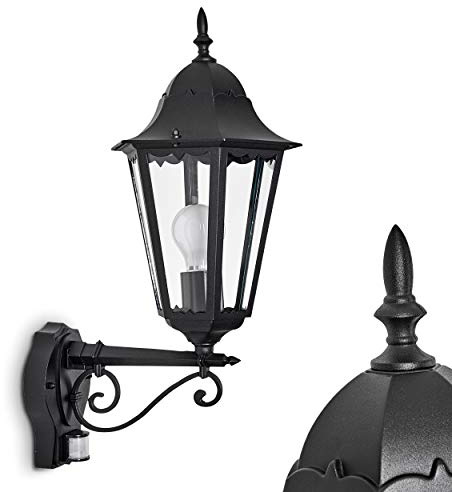 HOFSTEIN Außenwandleuchte Hongkong, Außenwandlampe mit Bewegungsmelder aus Metall/Glas in Schwarz/Klar, Wandleuchte Up im Retro/Vintage-Design, E27, IP44, Eingangsbereich, Terrasse, Haustür, Hof