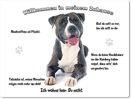 Blechschild/Warnschild/Türschild - Aluminium - 15x20cm - - Willkommen in Meinem Zuhause - Motiv: American Staffordshire Terrier - 03
