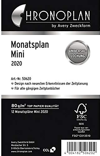 Chronoplan 50620 Kalendereinlage 2020 (Monatsplan Mini (79 x 125 mm),Ersatzkalendarium, ideal für übersichtliche Monatsplanung, Universallochung (zum Ausklappen)) weiß