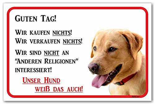 AdriLeo Schild - Vorsicht Blonder Labrador Retriever - Wir kaufen Nichts - (15x20cm) / Achtung Hund Wachhund robust langlebig UV-beständig wetterfestes Warnschild (beige/gelb)