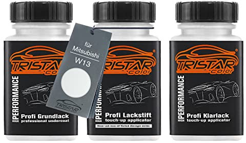 TRISTARcolor Autolack Lackstift Set für Mitsubishi W13 Silky White Perl/Diamond White Perl Grundlack Basislack Klarlack je 50ml
