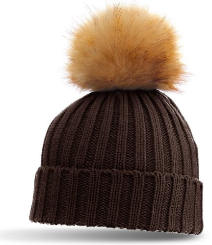 Caspar Damen klassische Winter Mütze/Strickmütze mit großem Fellbommel - viele Farben, Farbe:dunkelbraun