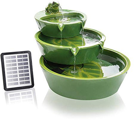 Primrose 64cm Solar Powered Green 3 Tier Frog Cascade Water Feature Outdoor Garden Fountain