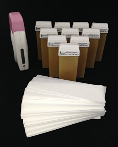 Set Wachsgerät, 10 Wachspatronen Warmwachs Honig 100 ml und 100 Vliesstreifen, Wachsstation