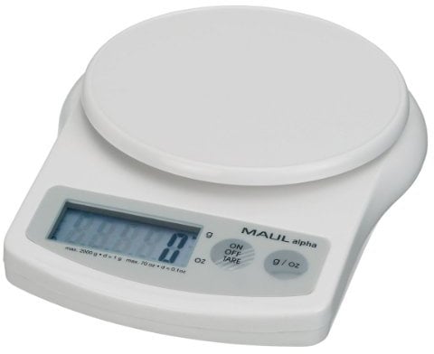 MAUL Briefwaage MAULalpha 18,8 x 14,1 x 3,7 cm | Stabile Waage bis 2kg | Große Wiegefläche Ø 12,4 cm | Automatische Nullstellung und Abschaltautomatik | Inklusive Batterien | Weiß