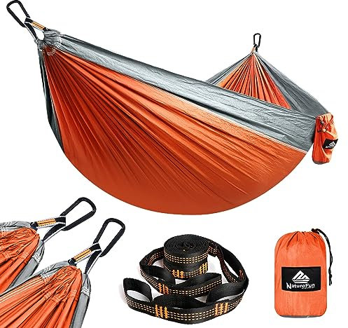 NATUREFUN Ultraleichte Reise Camping Hängematte | 300kg Tragkraft (275 x 140 cm) Atmungsaktiv, Schnelltrocknendes Fallschirm Nylon | 2 x Premium Karabiner,2 x Schlingen| Drinnen Draußen Garten