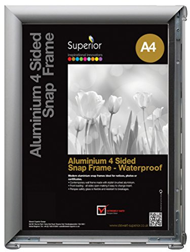 SECO Superior A4 Wasserdichter 4 seitiger Frontlader - Bilderrahmen/Poster Schnapprahmen aus Aluminium - Silber