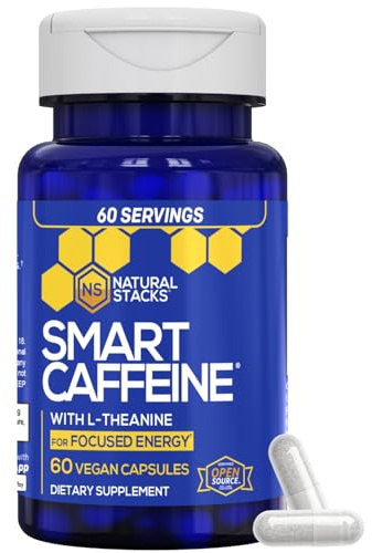 NATURAL STACKS Smart Caffeine Pills - 100mg Caffeine + 200mg L-Theanine Supplement - Supports Energy and Focus - No Jitters and No Crash - 60 Capsules