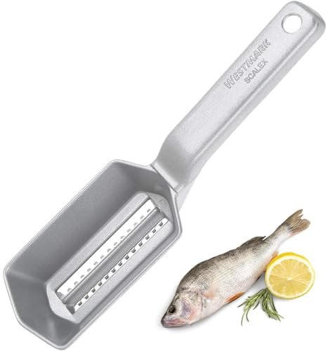 Westmark Écailleur à Poisson avec Plateau collecteur d'écailles, aluminium, revêtement spécial alimentaire, acier inoxydable, 21 x 5,9 x 5,3 cm, Scalex, argenté, 65002260