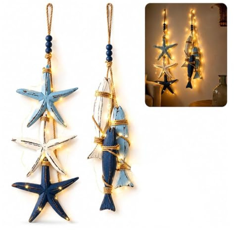 Beleuchtete Hängedekoration aus Holz im Küstenstil (Seestern & Fisch) – Nautische Wanddeko mit LED-Lichterkette, rustikale Türdekoration im Meeres-Look für Veranda & Strandhaus (A+B,Warm Light)