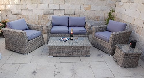Ragnarök-Möbeldesign PolyRattan Lounge DEUTSCHE Marke - EIGNENE Produktion - 8 Jahre GARANTIE auf UV-Beständigkeit - Garten Möbel Glas Polster (Natur-Farben Rundrattan Optik) Gartenmöbel Alu