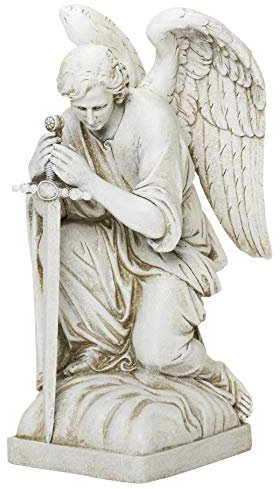 Joseph Studio 40007 Dekofiguren Garten, Gartenfigur mit großem männlichem Engel kniend mit Schwert, 34 cm