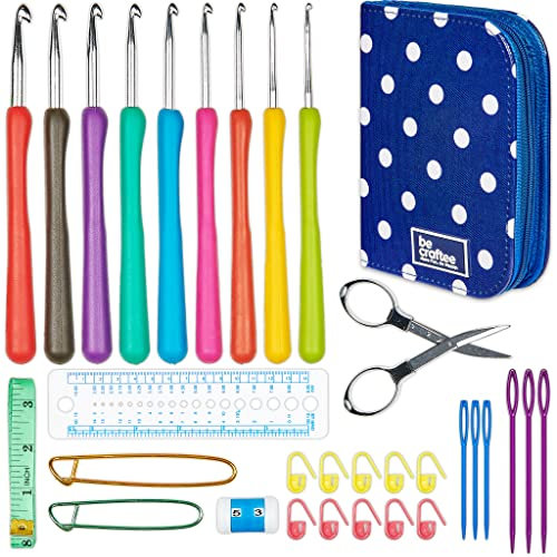 BeCraftee Die Besten Häkelnadeln Mit Ergonomischen Griffen für Extremen Komfort - Perfektes Häkelnadel Set gegen Arthritis, Weiche Stricknadeln Häkelset & 22 Zubehörteile für Alle Muster & Wollarten