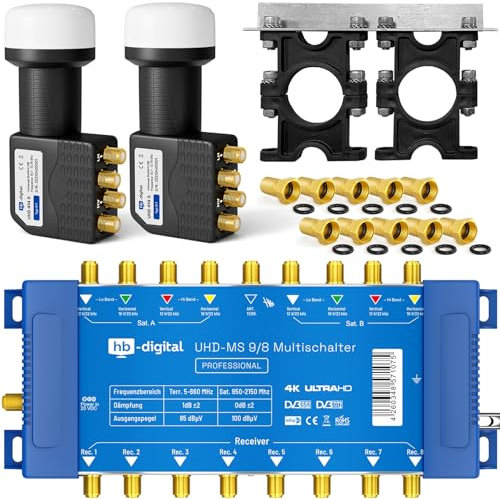 UHD Quattro LNB + Multicommutateur pmse HB-DIGITAL pour Full HDTV 3D 4K UHD avec bloc d'alimentation + fiche F dorée