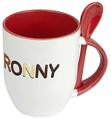 digital print Namenstasse Ronny - Löffel-Tasse mit Namens-Motiv Schokoladenbuchstaben - Becher, Kaffeetasse, Kaffeebecher, Mug - Rot