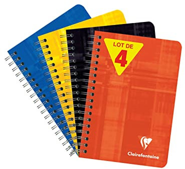 Clairefontaine 668592AMZC - Packung mit 4 Spiralheften / Notizblock 50 Blatt, 9x14, kariert, 90g, farbig sortiert, 1 Pack