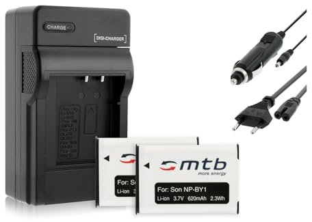 2X Akkus + Ladegerät (KFZ, Netz) NP-BY1 NPBY1 für Sony HD Action Cam Mini AZ1 mit Wi-Fi/HDR-AZ1 (KIT), AZ1VR [Li-Ion / 3.6V / 620mAh]