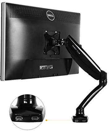 ThingyClub Adjustable Gas Powered Single LCD LED Gas Desk Mount Arm Monitor Stand Bracket with Tilt and Swivel (Tilt -90°/+85°|Swivel 180°|Rotate 360°) + 2 USB ports