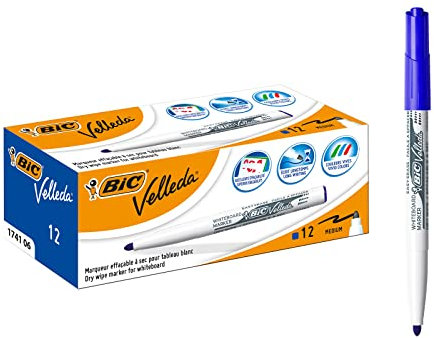 BIC Velleda Whiteboard Marker, 12er Pack, in Blau, mit Rundspitze, Strichstärke: 1,4 mm, geruchsarm, in kompakter Größe