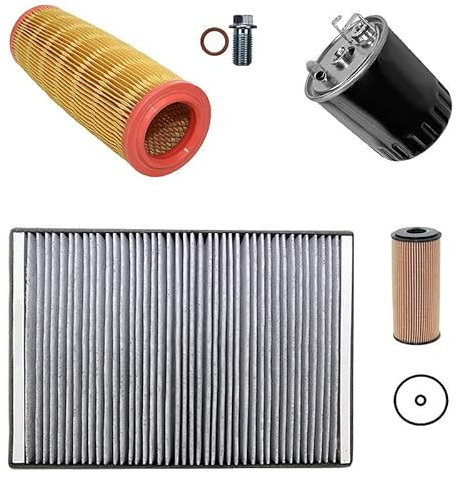 Inspektionspaket SET B 1x Luftfilter 1x Innenraumfilter (Pollenfilter) mit Aktivkohle 1x Ölfilter 1x Kraftstofffilter 1x Ölablass-Schraube 1x Dichtring für Ölablass-Schraube