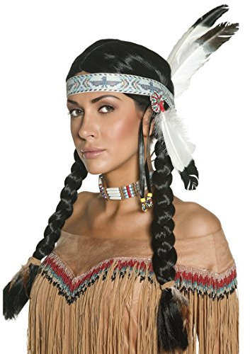 Amakando Indianerperücke Indianer Perücke mit Federn und Haarband Unisex Häuptling Zöpfe Squaw Indianerzöpfe Western Faschingsperücke Pocahontas Kostüm Haare