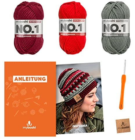 myboshi Häkelset Mütze Inuyama, inkl. No.1 Wolle, Nadel und Anleitung, für Mützen und Schals, Häkelpaket, 30% Merinowolle Grau mit Häkelnadel