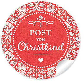 24 STICKER: 24 Weihnachtsaufkleber POST VOM CHRISTKIND in ROT mit weißen Ornamenten und Herzchen Retro Vintage Packpapier Look zum Dekorieren von Weihnachtsgeschenken 4 cm, rund, matt)