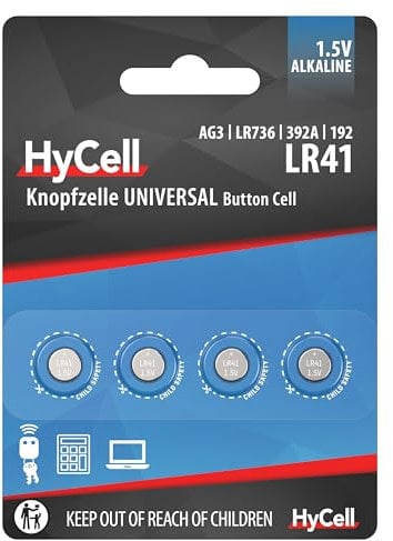 HyCell 1516-0025, Batteria a Bottone LR41, Confezione da 4