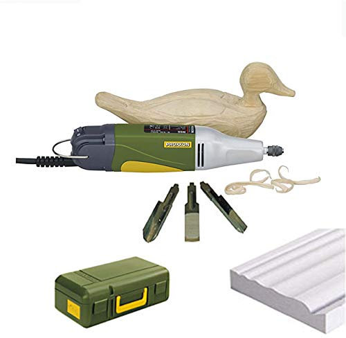 PROXXON Schnitzmaschine/Motorschnitzgerät MSG – inklusive 3 japanische Messereinsätze, Multiform-Abziehstein für messerscharfe Schneiden und Koffer