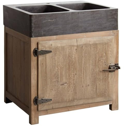 LOBERON Spülenschrank Stonehenge, großes Doppelspülbecken, natürliche Patina, rustikales Design, Küchenmöbel, Tannenholz, Naturstein, Eisen, braun