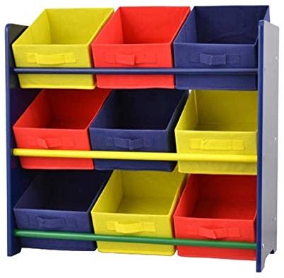 Mendler Buntes Kinderregal Regal für Kinder, Holz | 9 Ablageflächer, mit Boxen